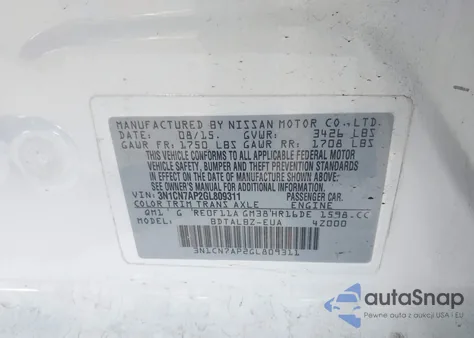 2016 Nissan Versa 1.6 S/1.6 S+/1.6 Sl/1.6 Sv из США, поврежденный, VIN 3N1CN7AP2GL809311